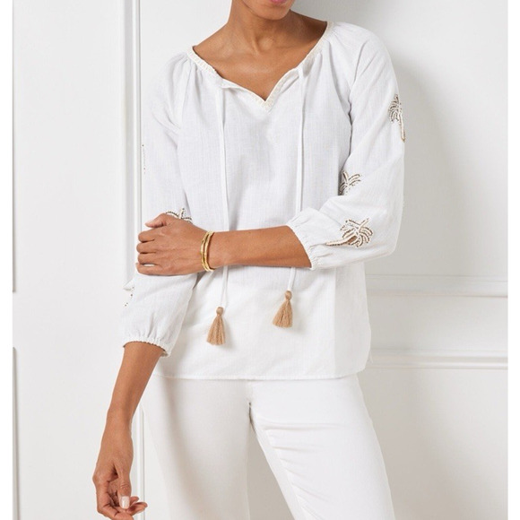 Talbots Palm Embellished Linen Popover Top Sz 2XP Resortwear Vacation Beach - Picture 2 of 13